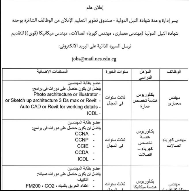 مطلوب عدد من المهندسين للعمل بوحدة شهادة النيل الدولية الإثنين  9-3-2020